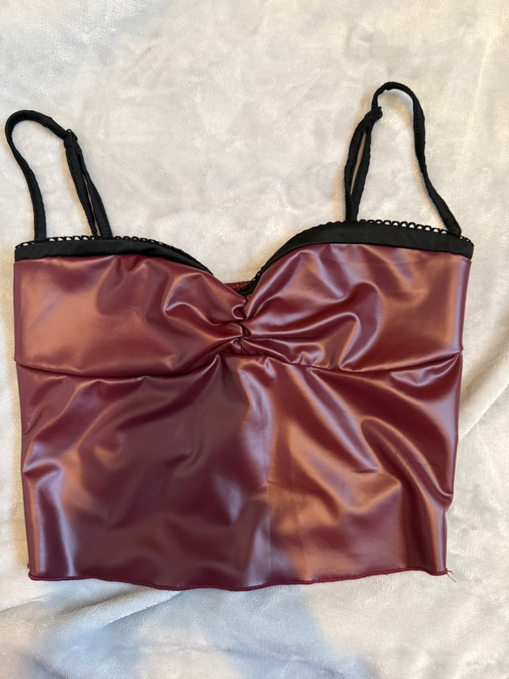 Burgundy Faux Leather Crop Cami with Black Trim